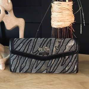 Coach Metallic Silver and Black Zebra Clutch Wallet
